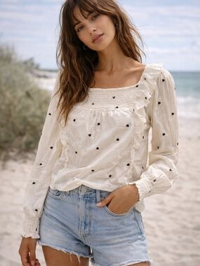 Loft White Embroidered Top Heart Blouse Smocked Ruffle Cottagecore Coquette